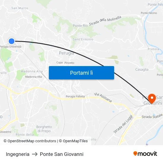 Ingegneria to Ponte San Giovanni map