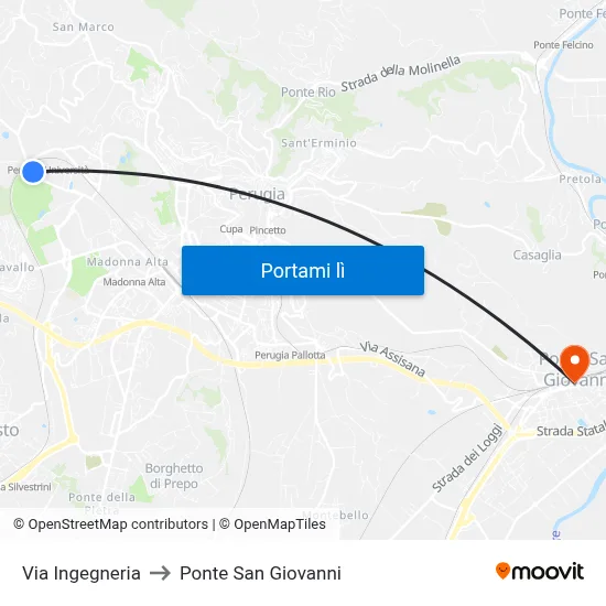 Via Ingegneria to Ponte San Giovanni map
