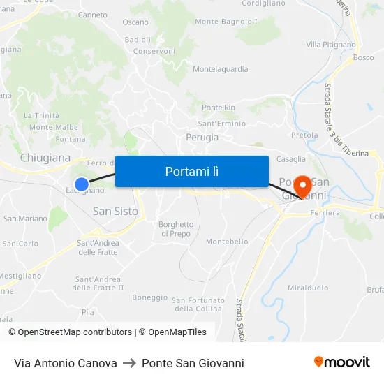 Via Antonio Canova to Ponte San Giovanni map