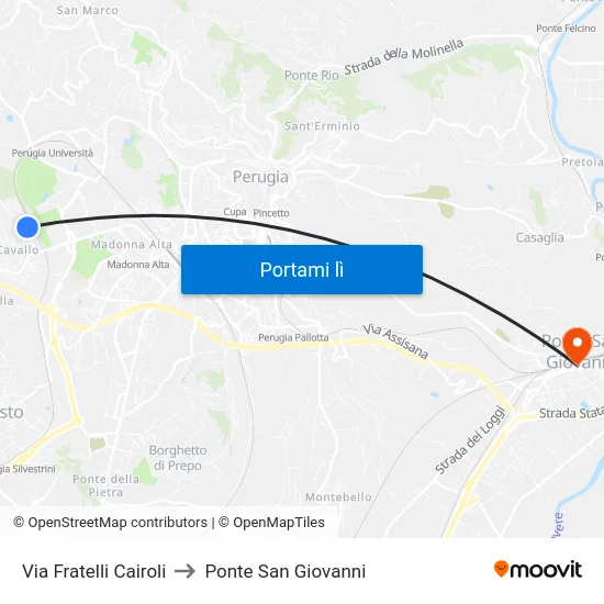 Via Fratelli Cairoli to Ponte San Giovanni map