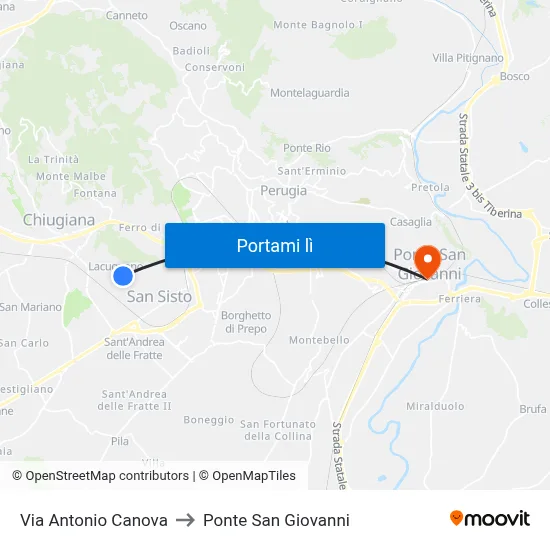 Via Antonio Canova to Ponte San Giovanni map
