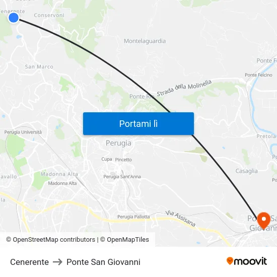 Cenerente to Ponte San Giovanni map
