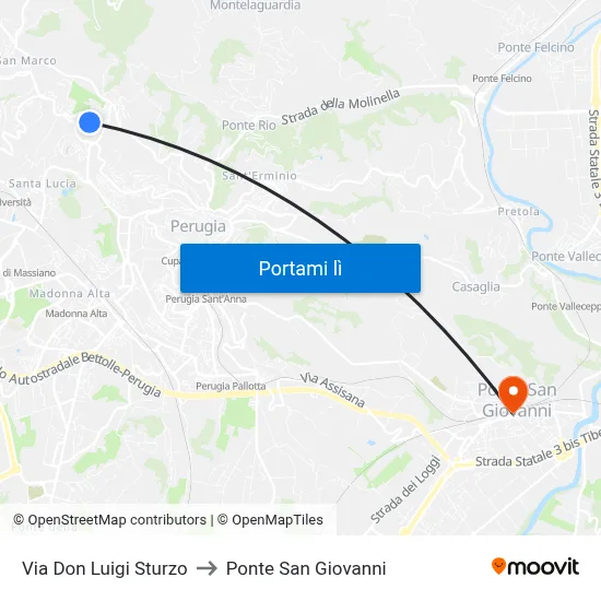 Via Don Luigi Sturzo to Ponte San Giovanni map