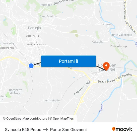 Svincolo E45 Prepo to Ponte San Giovanni map