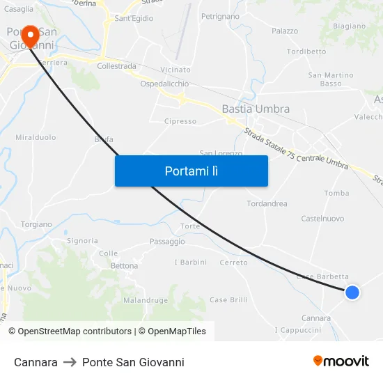 Cannara to Ponte San Giovanni map