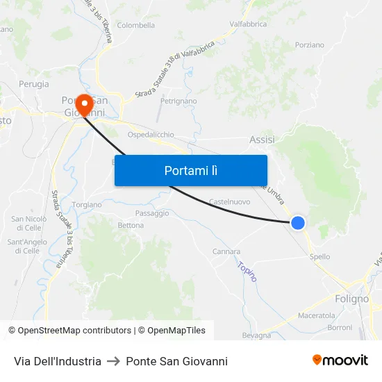 Via Dell'Industria to Ponte San Giovanni map