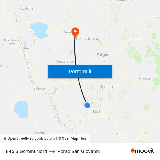 E45 S.Gemini Nord to Ponte San Giovanni map