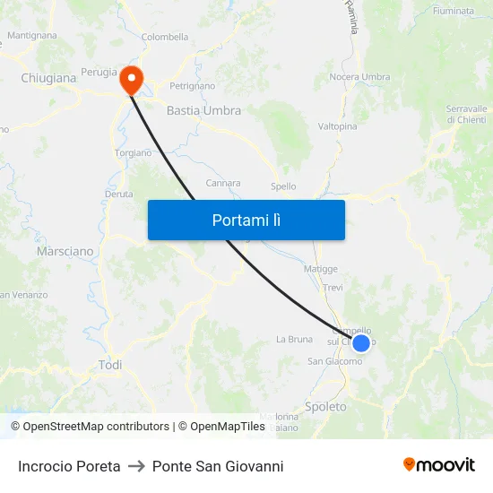 Incrocio Poreta to Ponte San Giovanni map