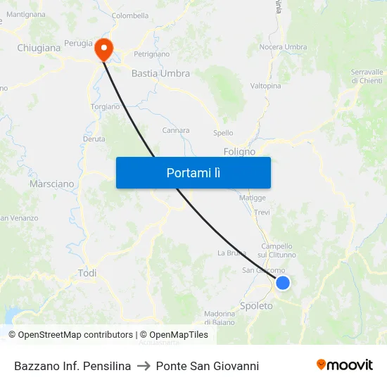 Bazzano Inf. Pensilina to Ponte San Giovanni map