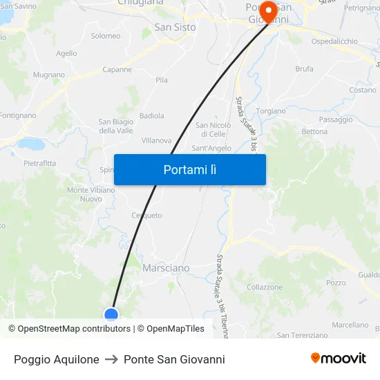 Poggio Aquilone to Ponte San Giovanni map