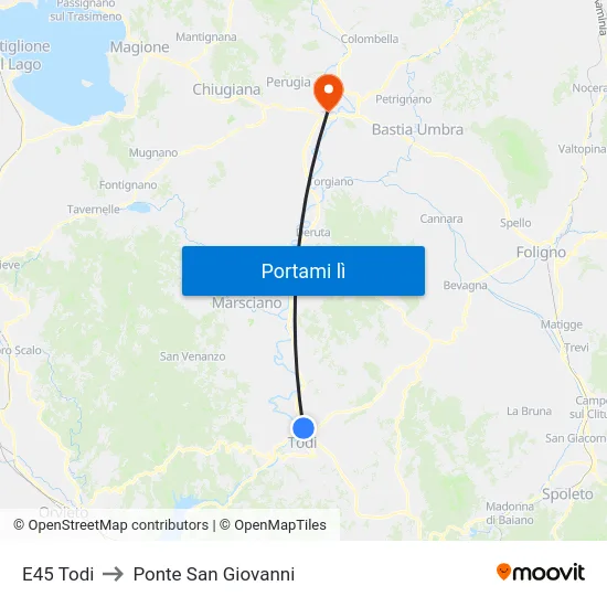 E45 Todi to Ponte San Giovanni map