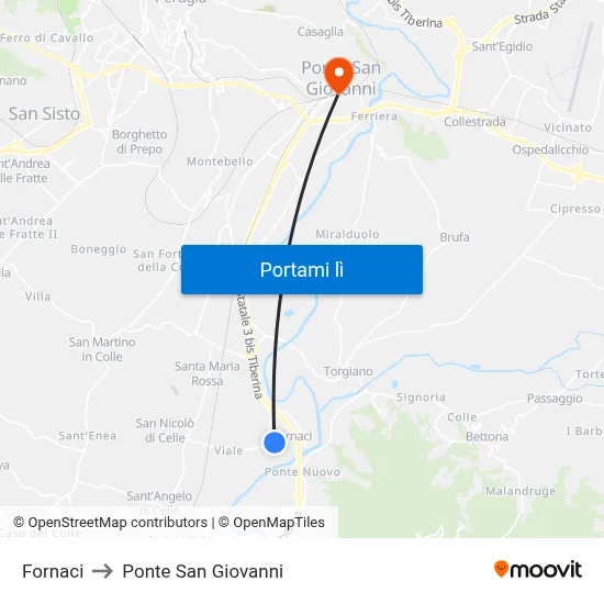 Fornaci to Ponte San Giovanni map