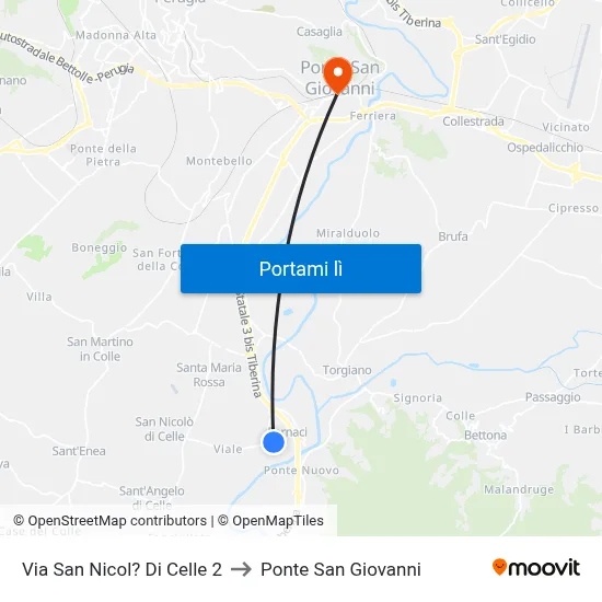Via San Nicol? Di Celle 2 to Ponte San Giovanni map