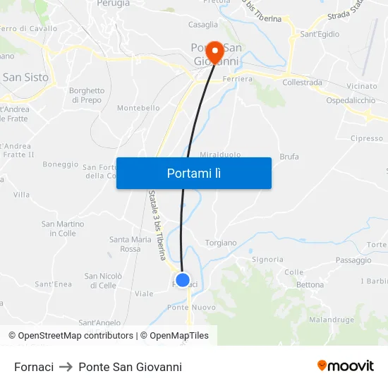 Fornaci to Ponte San Giovanni map