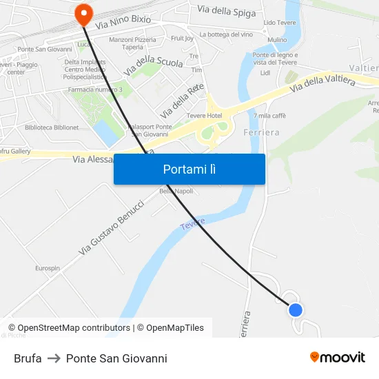 Brufa to Ponte San Giovanni map