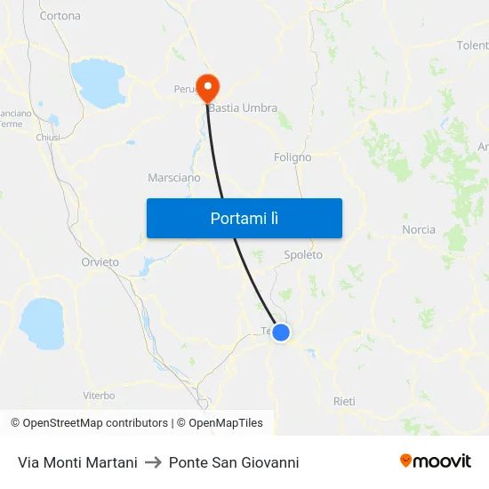 Via Monti Martani to Ponte San Giovanni map