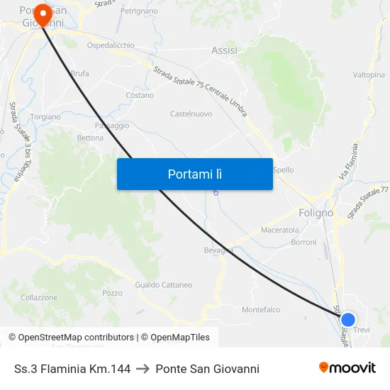 Ss.3 Flaminia Km.144 to Ponte San Giovanni map