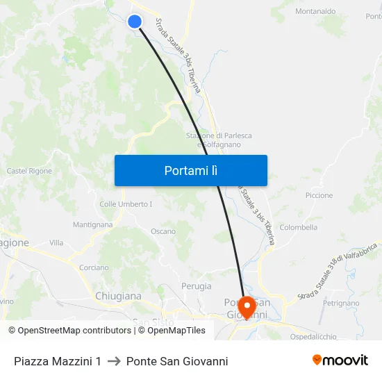 Piazza Mazzini 1 to Ponte San Giovanni map