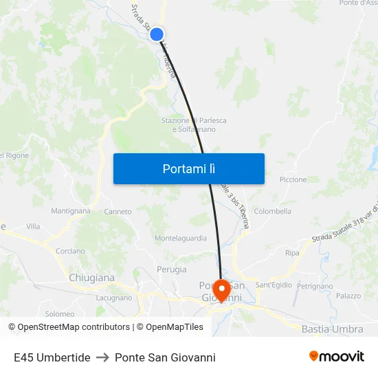 E45 Umbertide to Ponte San Giovanni map