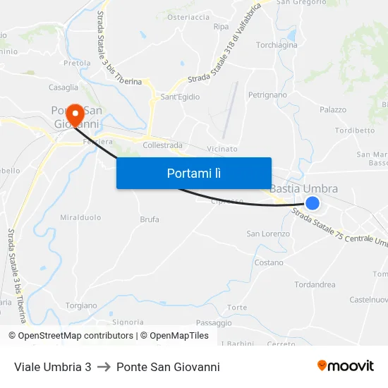 Viale Umbria 3 to Ponte San Giovanni map