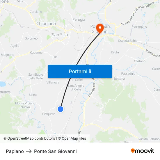 Papiano to Ponte San Giovanni map