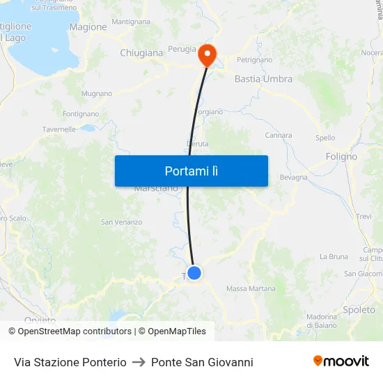 Via Stazione Ponterio to Ponte San Giovanni map
