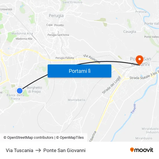 Via Tuscania to Ponte San Giovanni map
