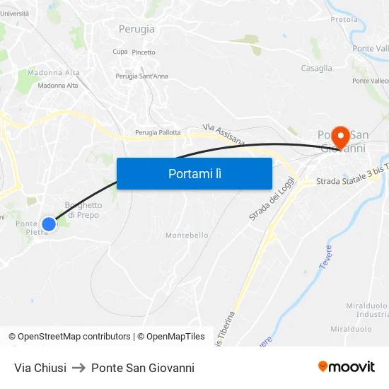 Via Chiusi to Ponte San Giovanni map