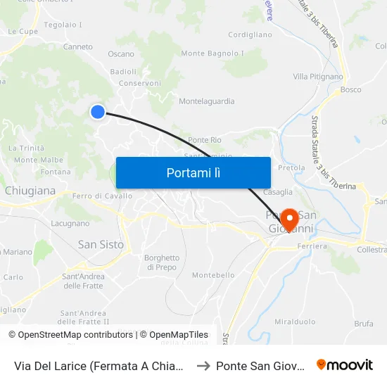 Via Del Larice (Fermata A Chiamata) to Ponte San Giovanni map