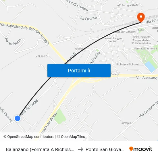 Balanzano (Fermata A Richiesta) to Ponte San Giovanni map
