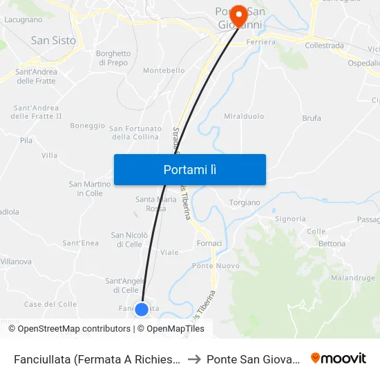 Fanciullata (Fermata A Richiesta) to Ponte San Giovanni map