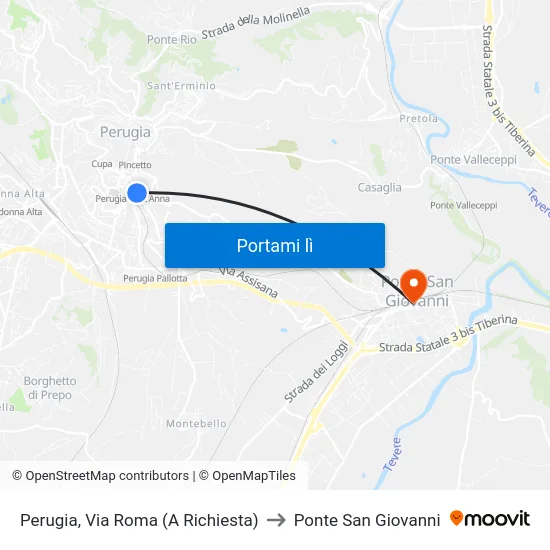 Perugia, Via Roma (A Richiesta) to Ponte San Giovanni map