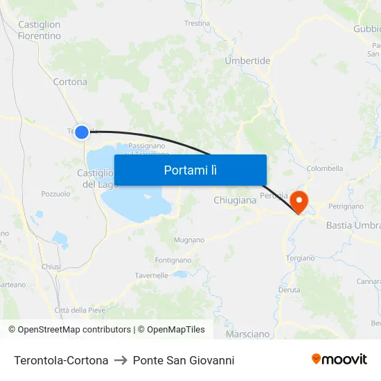 Terontola-Cortona to Ponte San Giovanni map