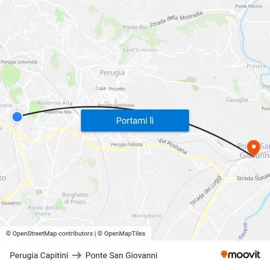 Perugia Capitini to Ponte San Giovanni map