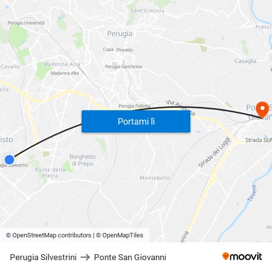 Perugia Silvestrini to Ponte San Giovanni map