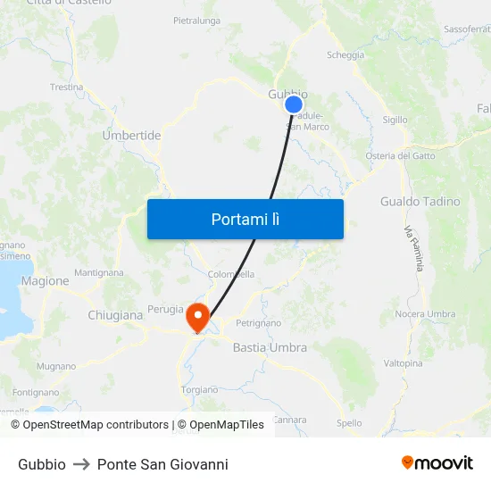 Gubbio to Ponte San Giovanni map