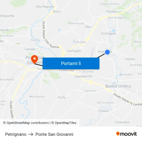 Petrignano to Ponte San Giovanni map