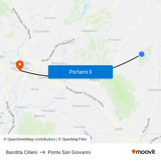 Bandita Cilleni to Ponte San Giovanni map