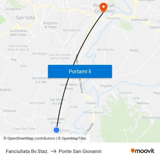 Fanciullata Bv.Staz. to Ponte San Giovanni map