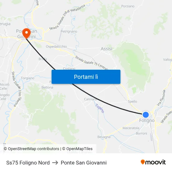 Ss75 Foligno Nord to Ponte San Giovanni map