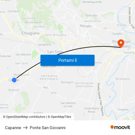 Capanne to Ponte San Giovanni map