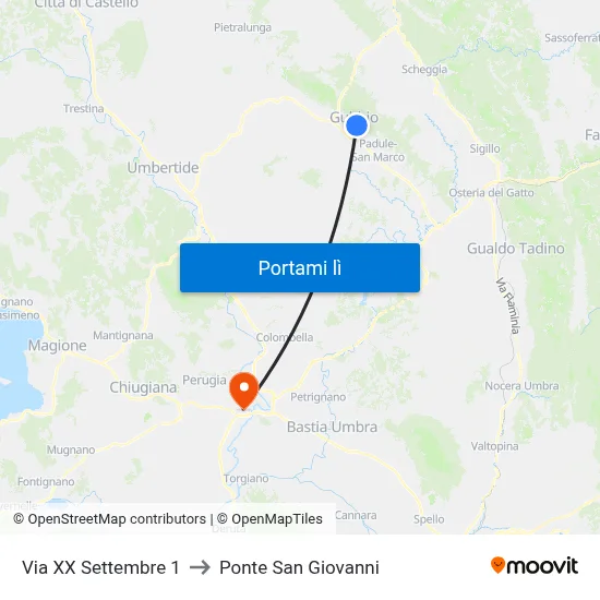 Via XX Settembre 1 to Ponte San Giovanni map