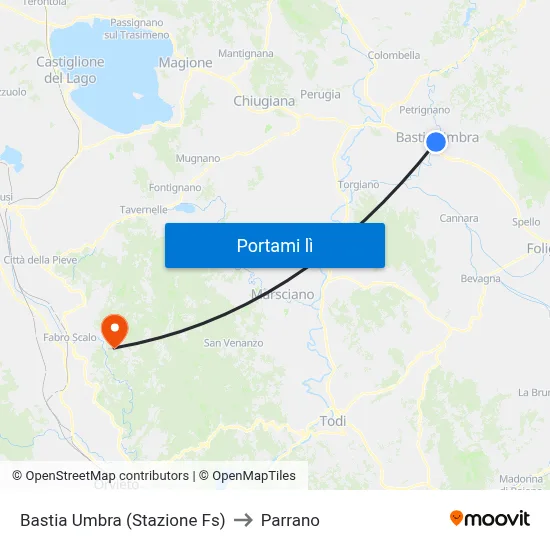 Bastia Umbra (Stazione Fs) to Parrano map