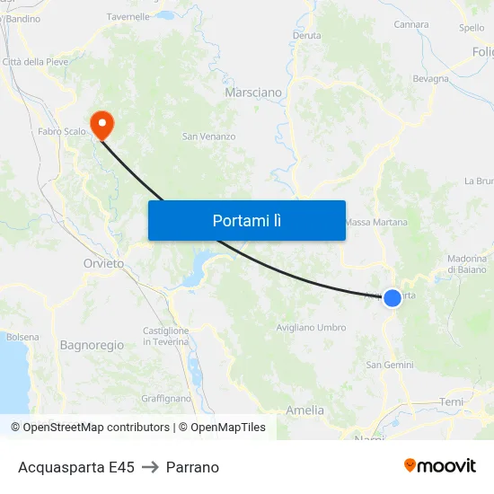 Acquasparta E45 to Parrano map