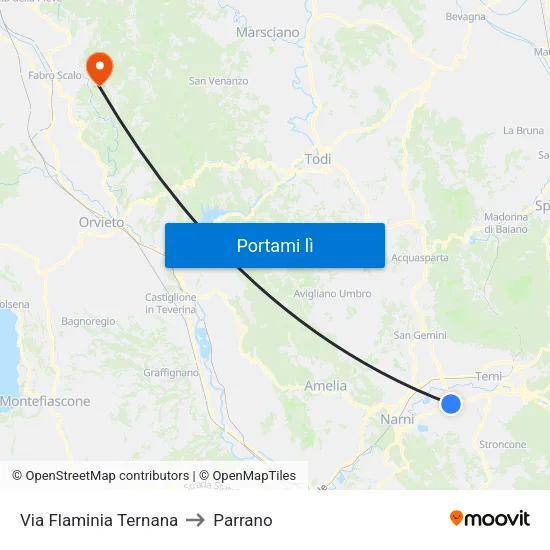 Via Flaminia Ternana to Parrano map