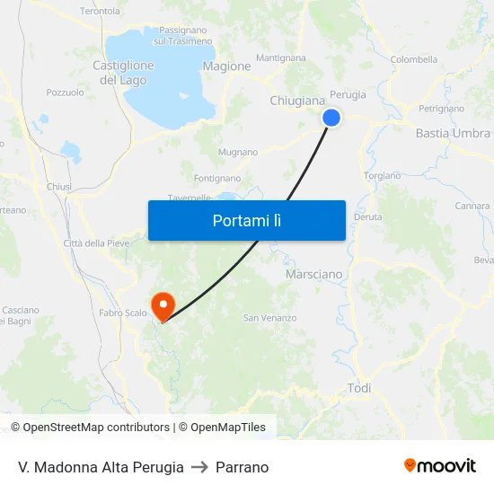 V. Madonna Alta Perugia to Parrano map