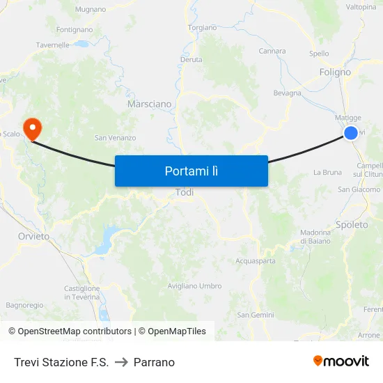 Trevi Stazione F.S. to Parrano map