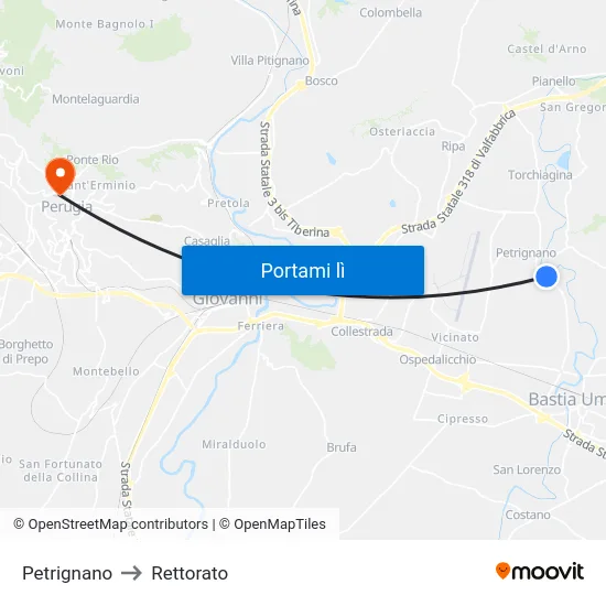 Petrignano to Rettorato map