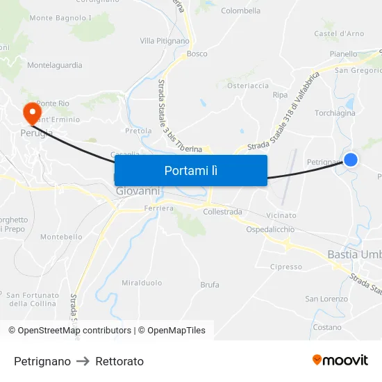 Petrignano to Rettorato map