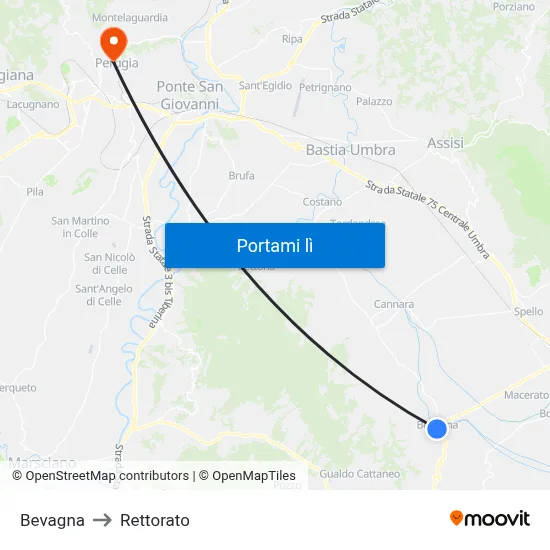 Bevagna to Rettorato map